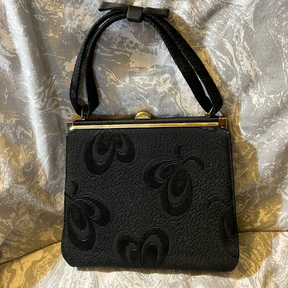 Rare VTG 1950's GARAY Black Damask Frame Handbag Double strap with bow- preowned - Picture 1 of 9